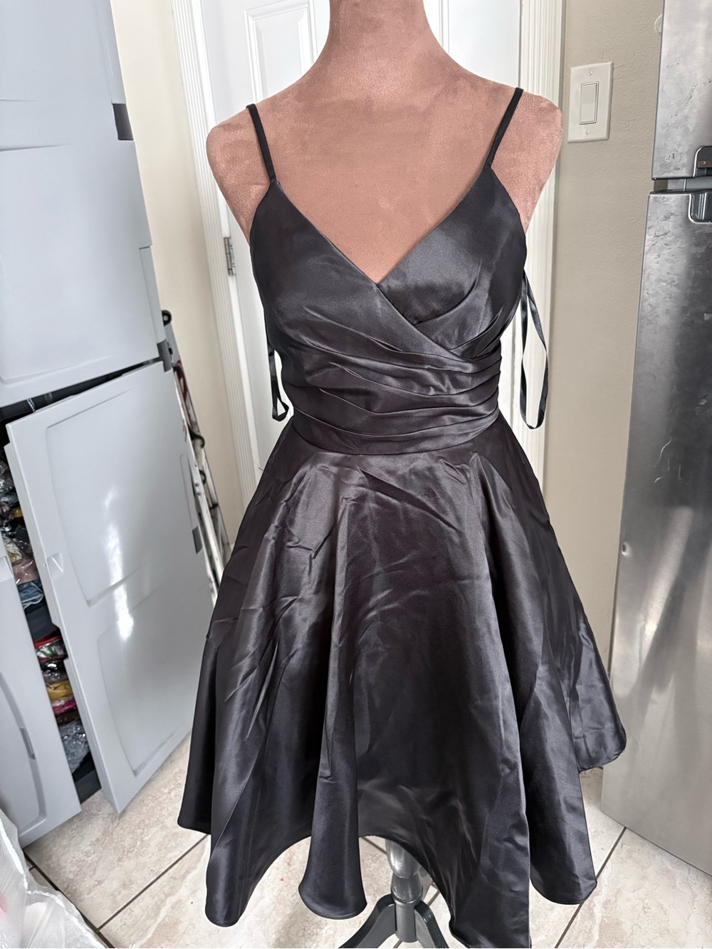 May Queen Black Satin Fit-and-Flare Mini Dress with Spaghetti Straps